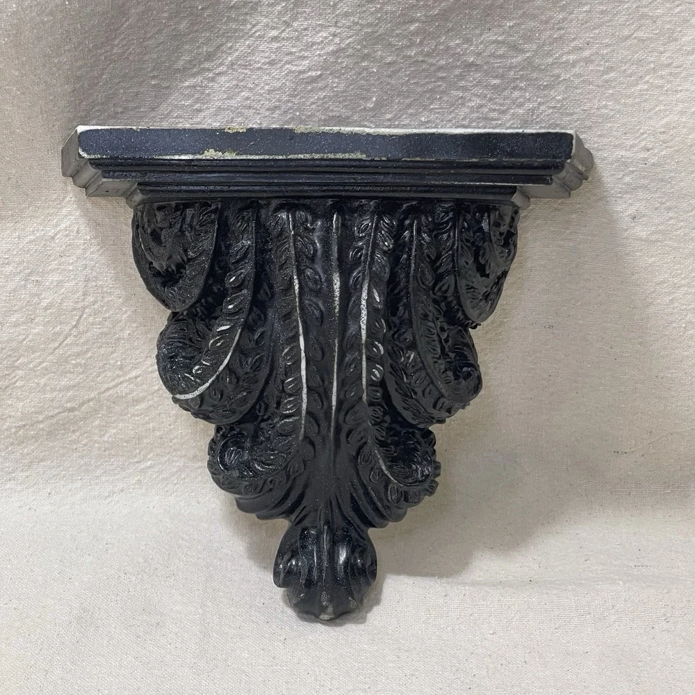 Baroque Black Goth Maximalist Wall Shelf Sconce Acanthus Scroll Leaf Resin Decor